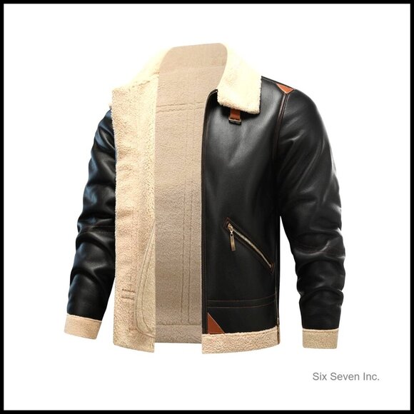 Other - Men's Faux Leather Bomber Jacket with Faux Fleece Lining